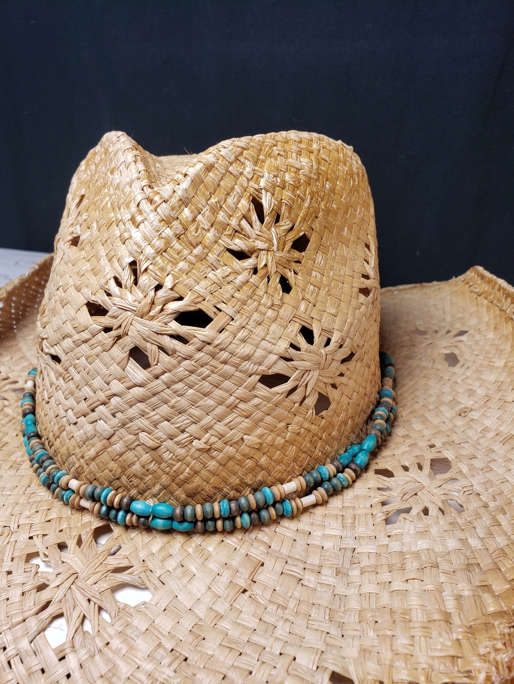 Distressed Style Straw Cowboy Hat with Faux Turquoise Beaded Hatband - OS Unisex - Picture 8 of 14